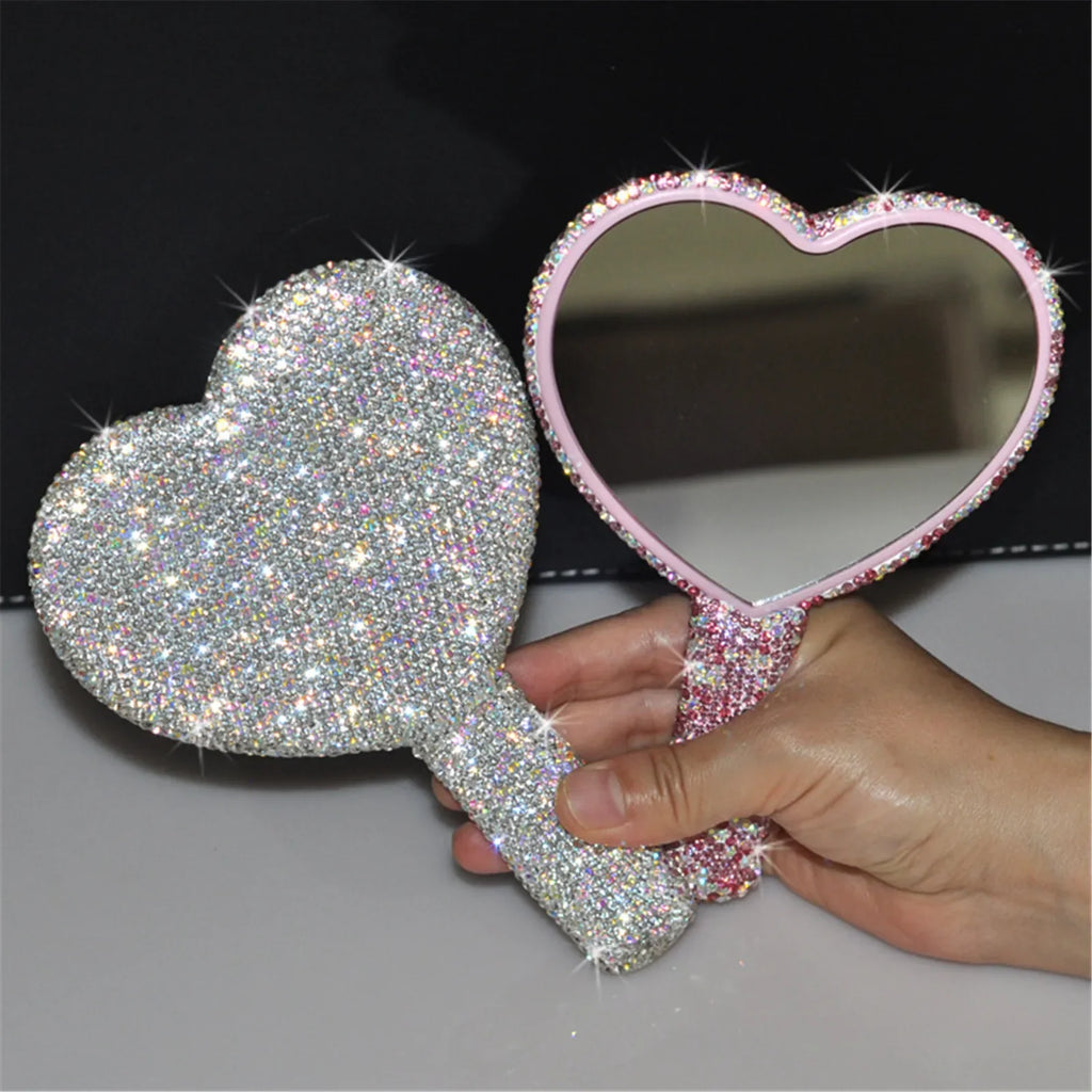 Diamond Heart Handheld Makeup Mirror | Bling Travel Vanity Handheld Makeup Mirror QXL