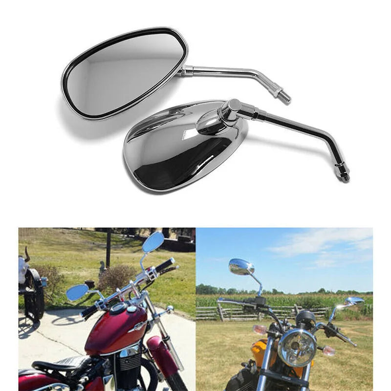 Chrome Oval Retro Motorcycle Mirrors | 10mm Thread Pair Motorcycle Side Mirrors QXL