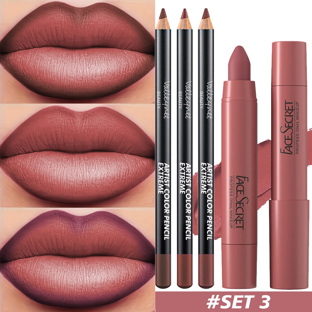 4-Pc Matte Velvet Lip Set | Wood Lipliner & Lipstick Combo Lip Makeup Set QXL SET3
