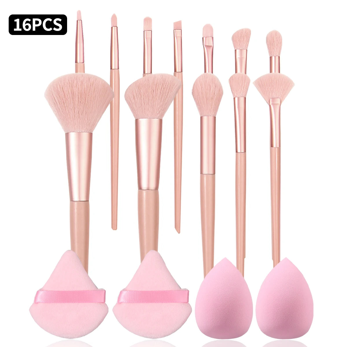 16-Pc Pink Makeup Brush Set with Sponges & Powder Puffs Makeup Brush Set QXL Pink