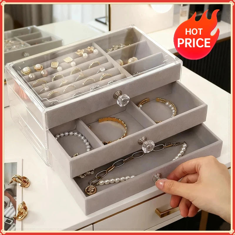 3-Tier Stackable Drawer Jewelry Box | Velvet Organizer Case Jewelry Storage Box QXL