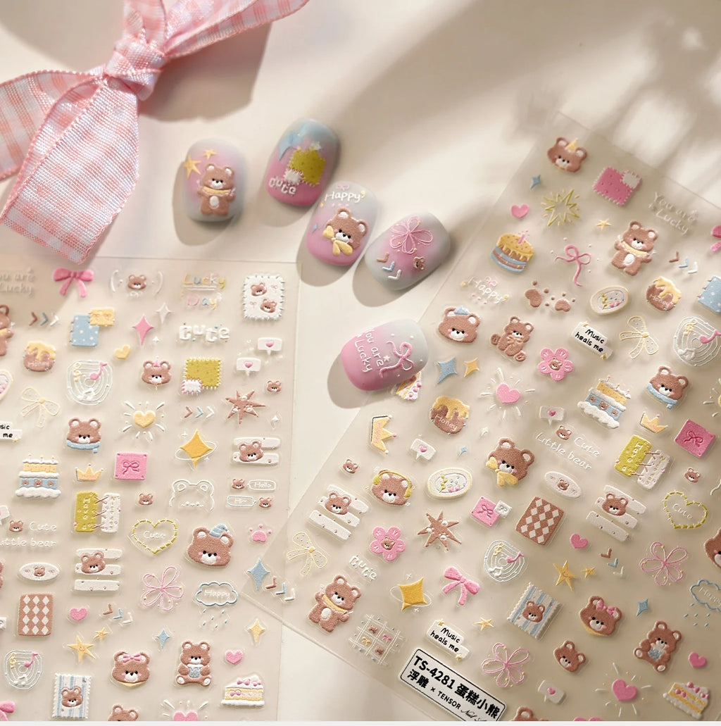 5D Embossed Nail Stickers – Bear, Cake & Heart Decals DIY Nail Art Stickers QXL
