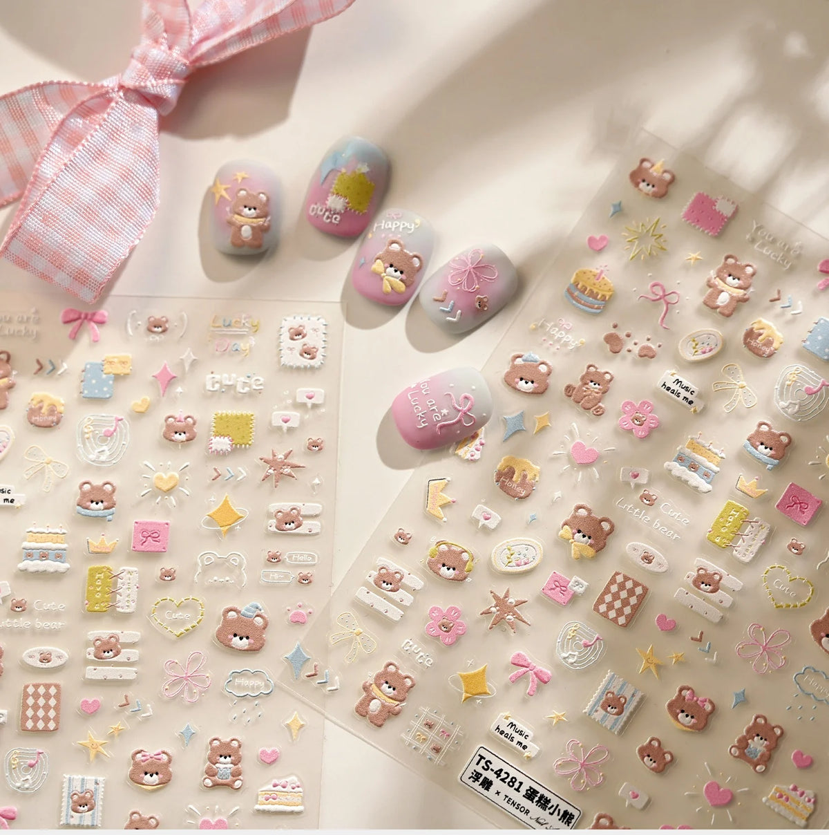 5D Embossed Nail Stickers – Bear, Cake & Heart Decals DIY Nail Art Stickers QXL