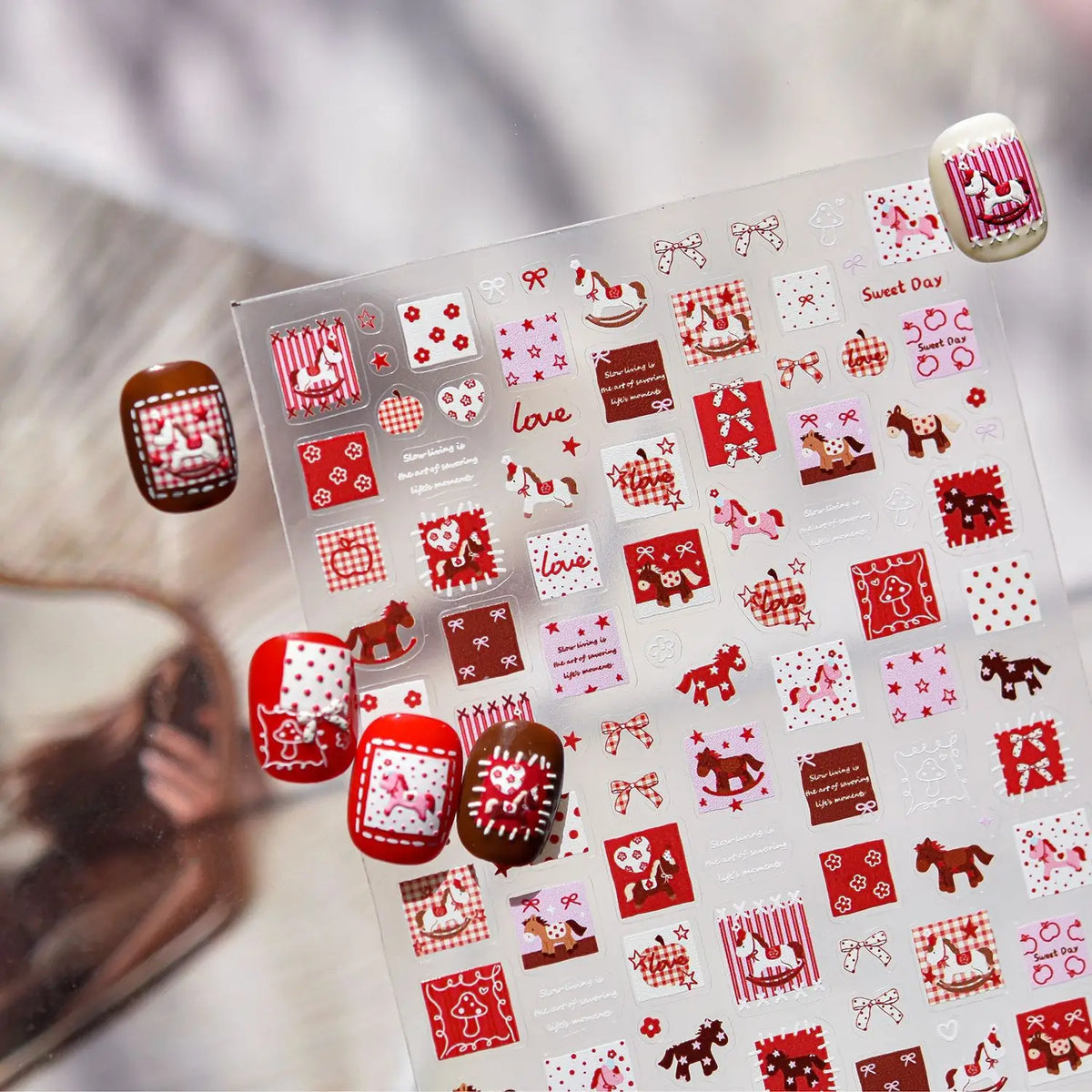 5D Vintage Nail Stickers – Checkered Heart Polka Dot Decals Nail Art Stickers QXL
