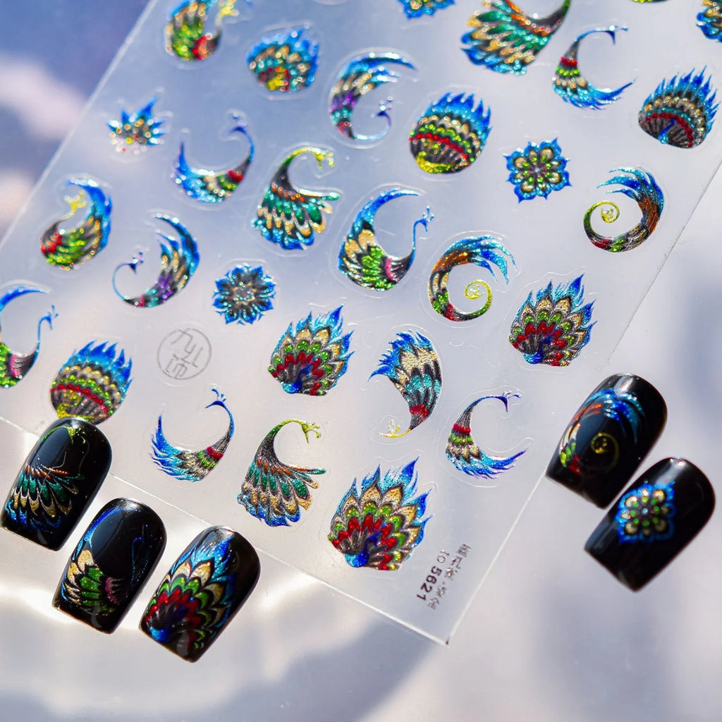 5D Holographic Peacock Feather Nail Stickers | Self-Adhesive Decals Nail Art Stickers QXL