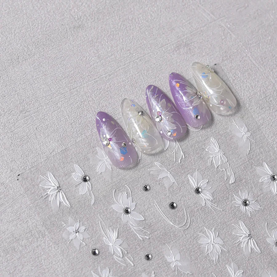 5D Crystal Diamond White Flower Nail Stickers | Japanese Vintage Nail Art Stickers QXL