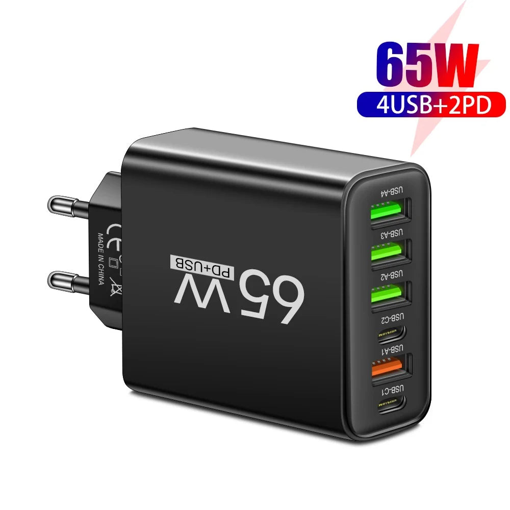 65W 6-Port USB-C Fast Wall Charger | EU & US Plug USB Wall Charger QXL