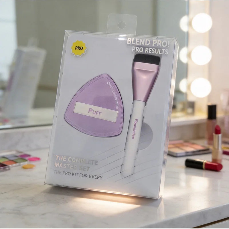 Flat-Head Foundation Brush & Marshmallow Puff Set | Dry & Wet Foundation Brush Set QXL