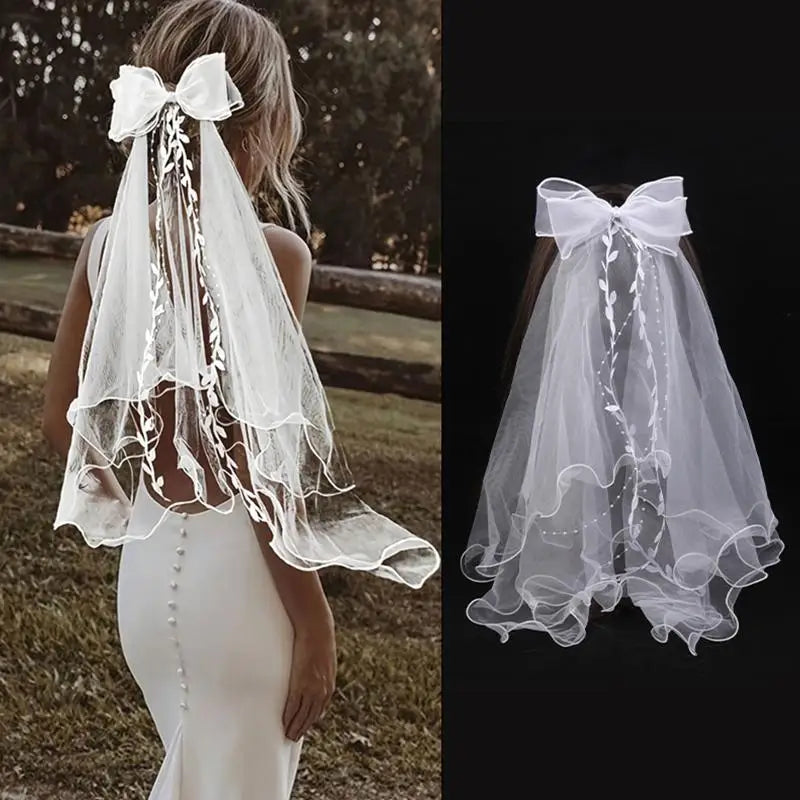 Two-Layer Tulle Wedding Veil | Bow & Lace Edge Bridal Veil Bridal Veil QXL Default Title