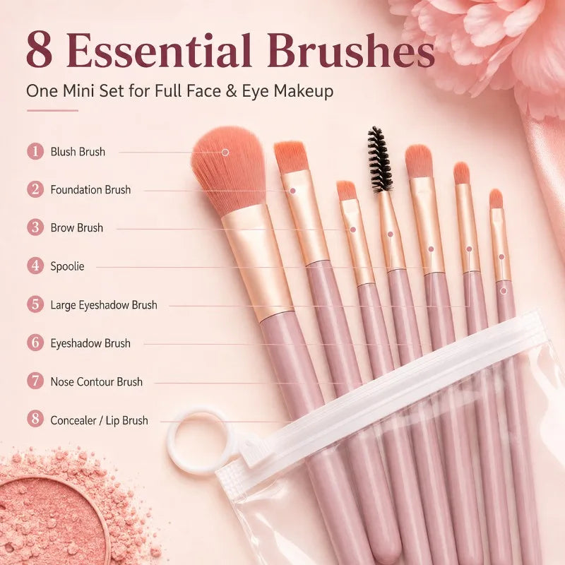 Mini 8-Piece Travel Makeup Brush Set with Zip Pouch Makeup Brush Set QXL