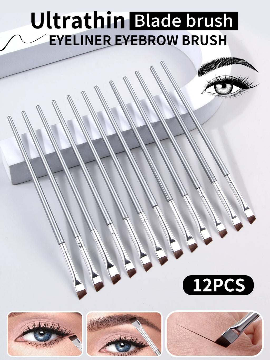 12-Pc Thin Blade Eyeliner & Eyebrow Makeup Brush Set Eye Makeup Brush Set QXL Silver