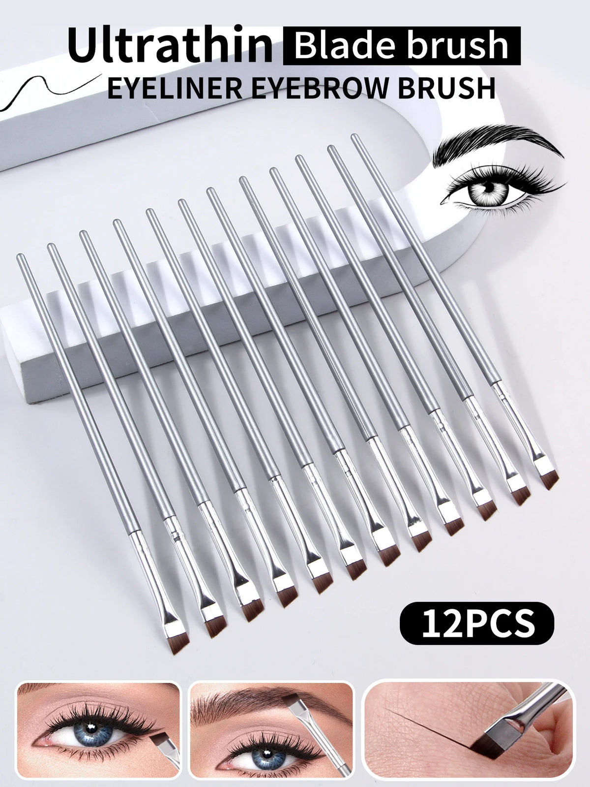 12-Pc Thin Blade Eyeliner & Eyebrow Makeup Brush Set Eye Makeup Brush Set QXL Silver