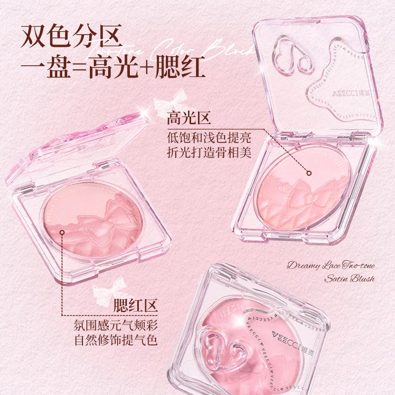 VEECCI Lace Satin Blush – Buildable Pink & Peach Cheek Powder Cheek Blush Powder QXL