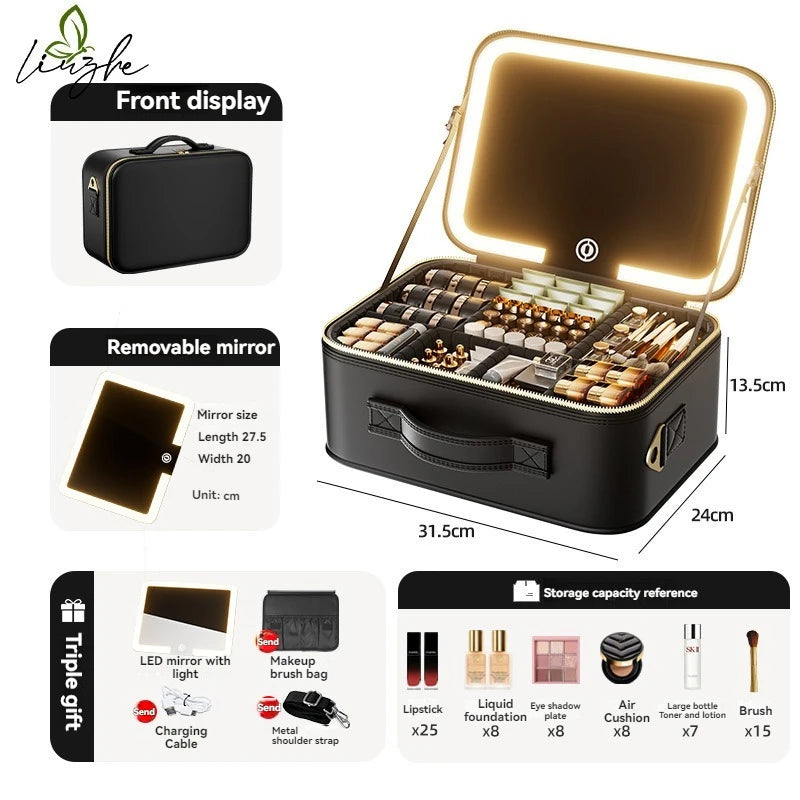 LED Illuminated Makeup Case with Mirror | Large Cosmetic Box Illuminated Makeup Case QXL
