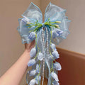 Mesh Bow Flower Tassel Hair Clip | Bridal & Party Gift Bridal Hair Clip QXL Blue