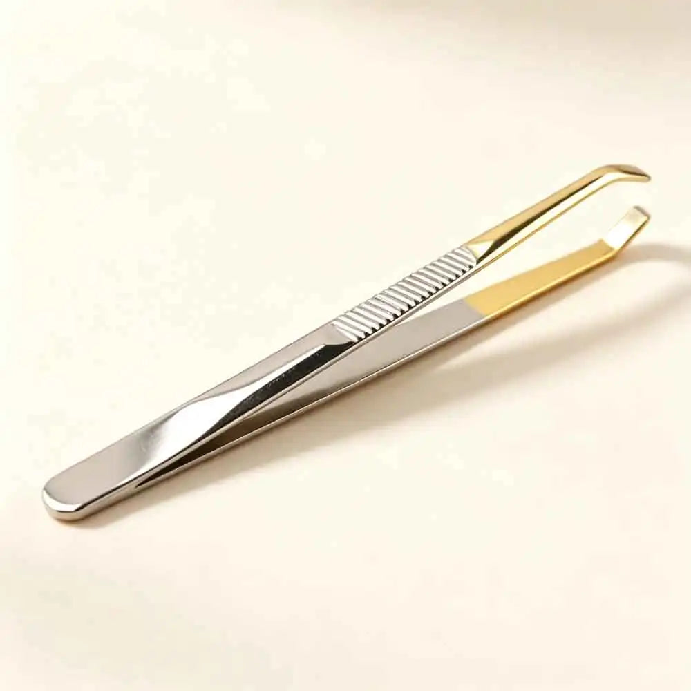 Curved Stainless Steel Eyebrow Tweezers | Half Gold Plated Eyebrow Tweezers QXL