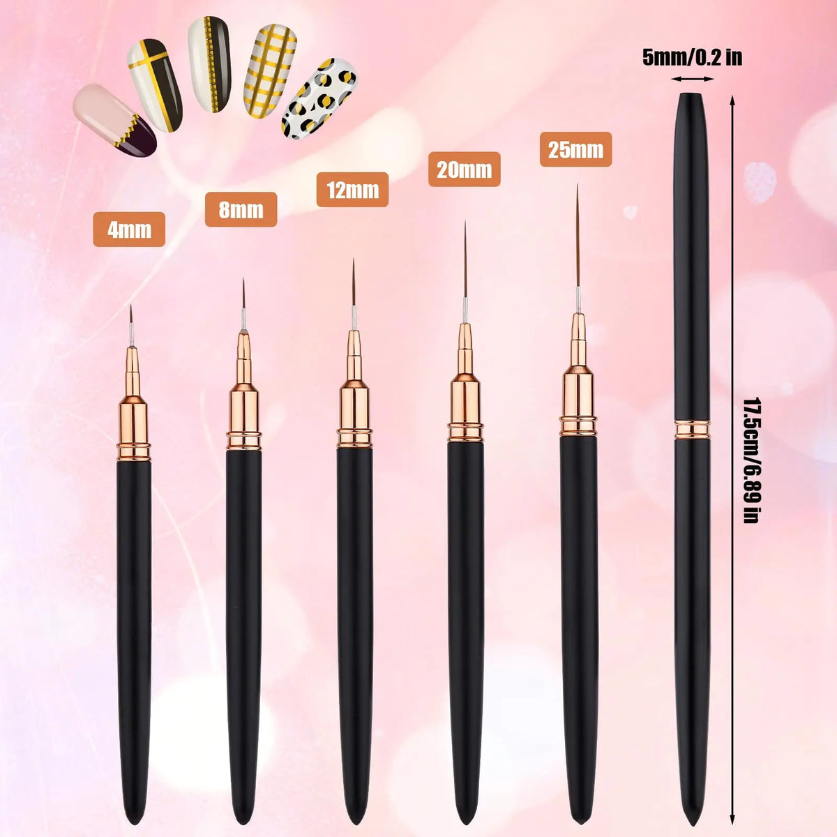 5-Piece Nail Art Liner Brush Set | Fine Line & Stripe Detail Nail Art Brushes QXL