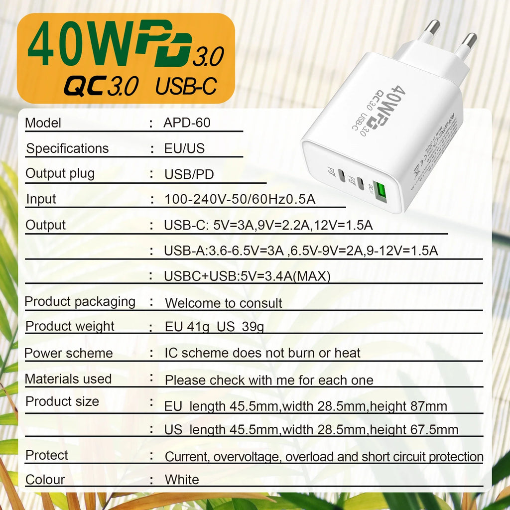 60W USB-C 3-Port Fast Wall Charger QC 3.0 | EU/US/UK Plug USB Wall Charger QXL