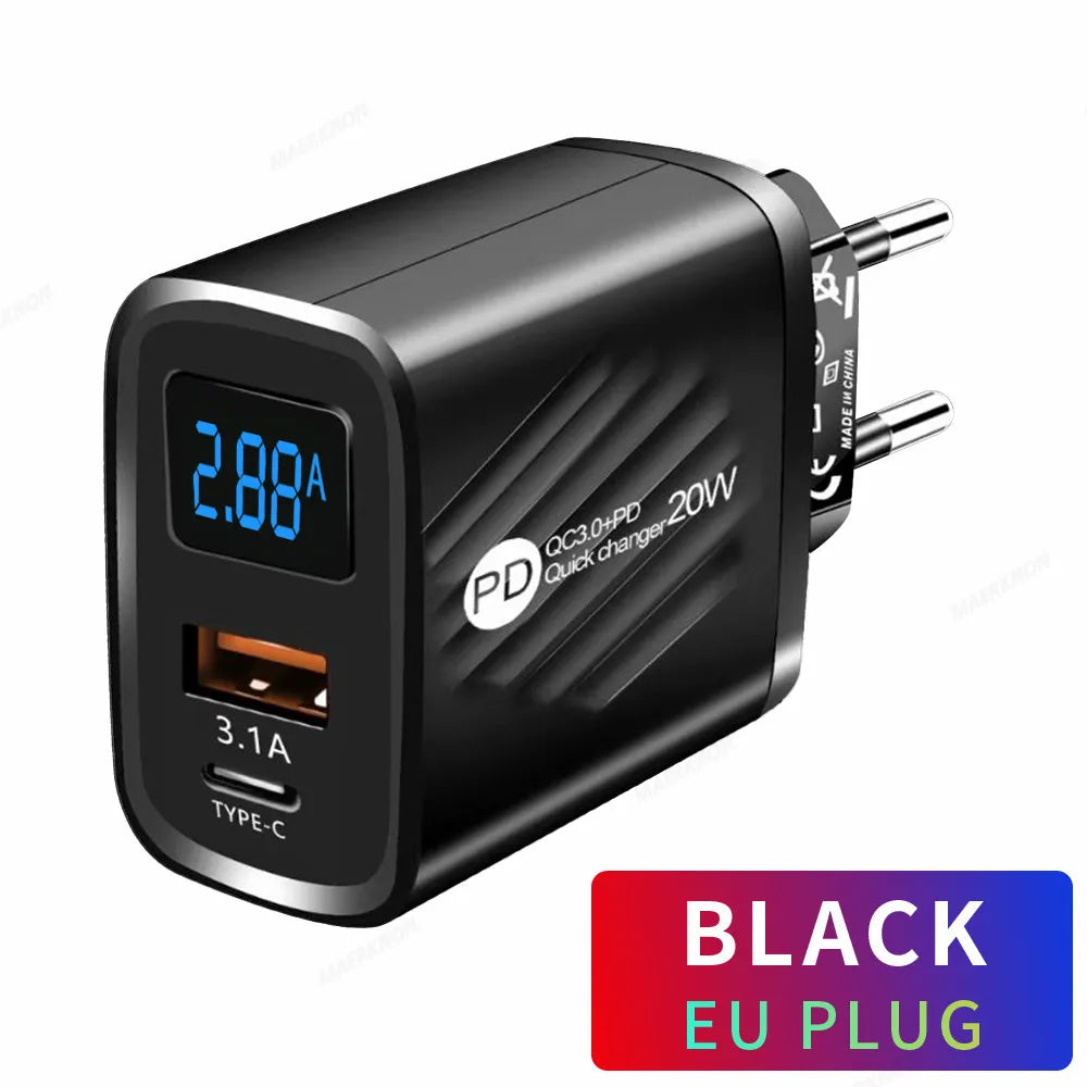 20W USB-C PD Fast Charger with Digital Display | QC 3.0 USB Wall Charger QXL EU Plug Black