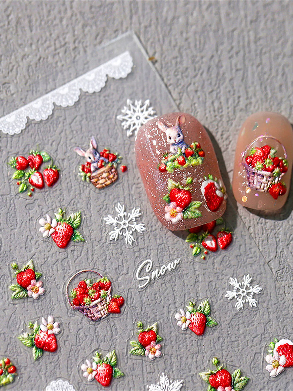 5D Embossed Nail Stickers – Rabbit & Strawberry Decals Nail Art Stickers QXL