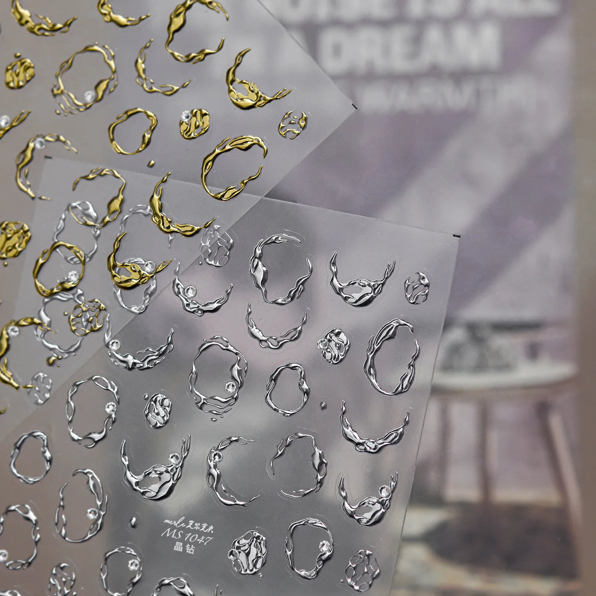 5D Nail Stickers Gold Silver Water Ripple Rhinestone Decals Nail Art Stickers QXL