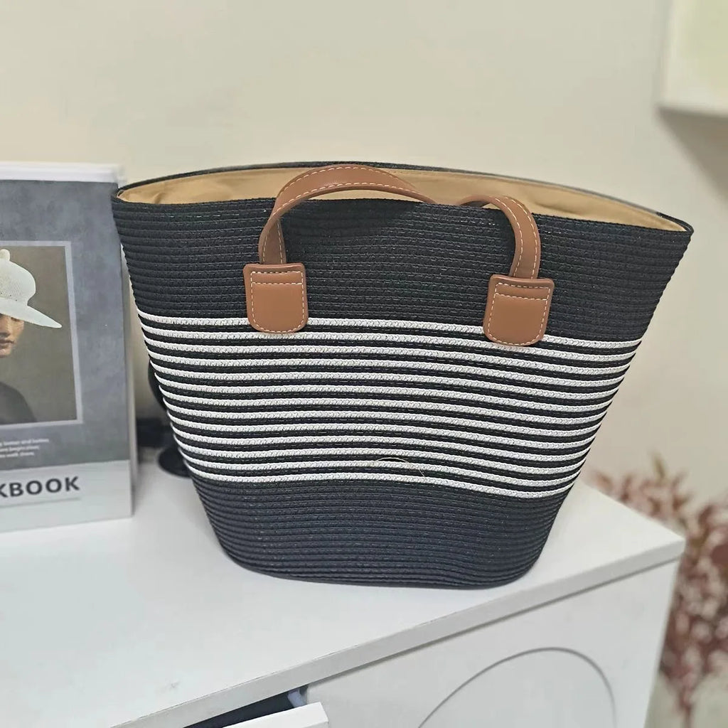 Large Woven Straw Tote Bag | Beach Shoulder Bag Zip Top Woven Straw Tote QXL E