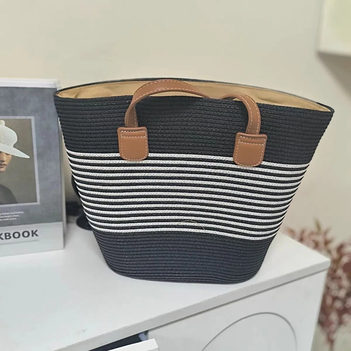 Large Woven Straw Tote Bag | Beach Shoulder Bag Zip Top Woven Straw Tote QXL E