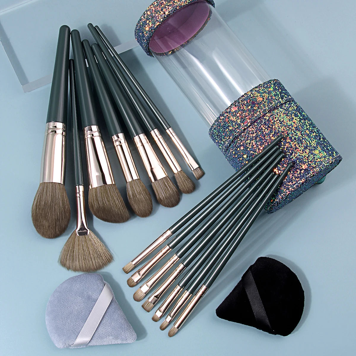 KOSSHOW 17-Pc Dark Green Makeup Brush Set & Glitter Case Makeup Brush Set QXL