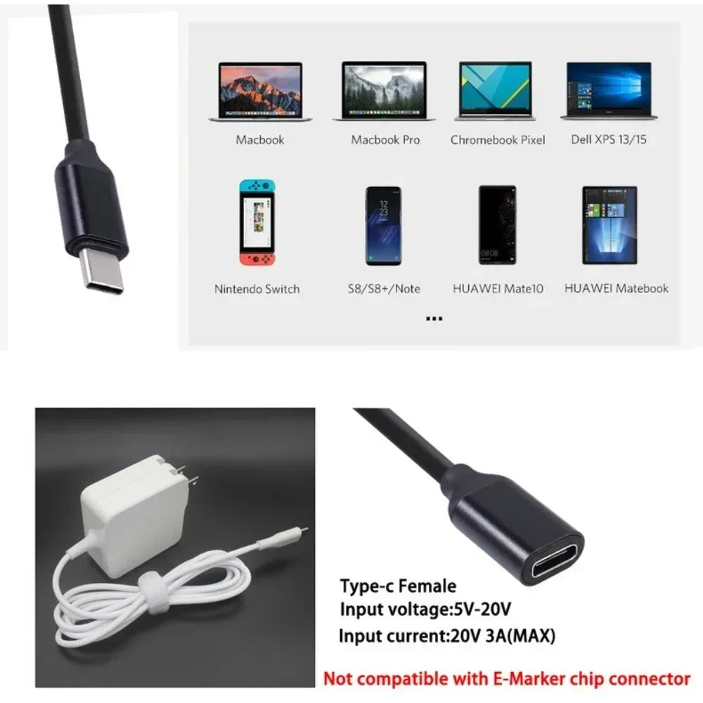 USB-C Extension Cable 60W 3A Gold-Plated Male to Female 0.5–1.5m USB-C Extension Cable QXL