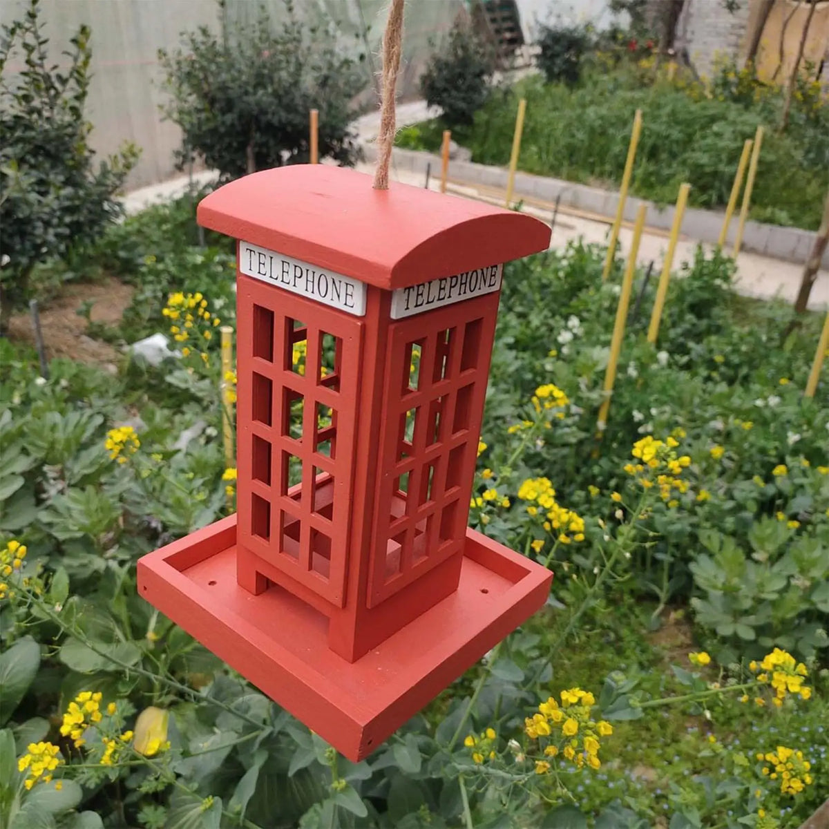 Red Telephone Box Wooden Bird Feeder | Hangable Garden Décor Decorative Bird Feeder QXL