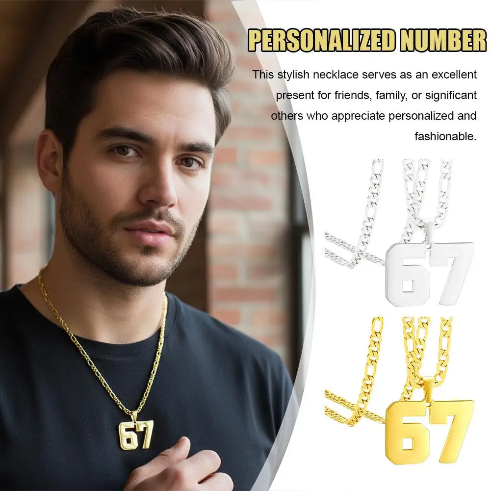 67 Number Pendant Necklace | Gold-Tone Figaro Chain Unisex Gift Number Pendant Necklace QXL