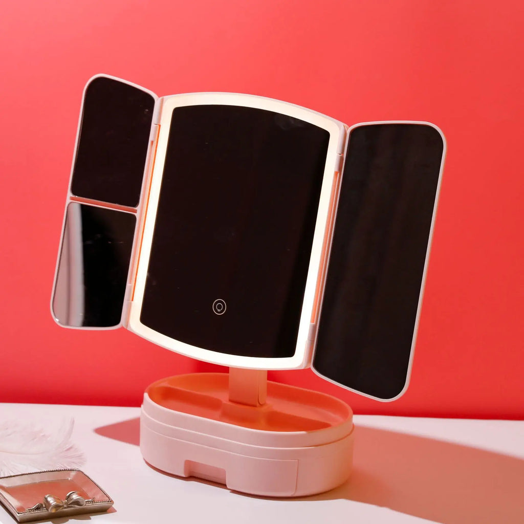 LED Triple Folding Makeup Mirror – Shell Desktop Design LED Vanity Mirror QXL 3 color storage styl