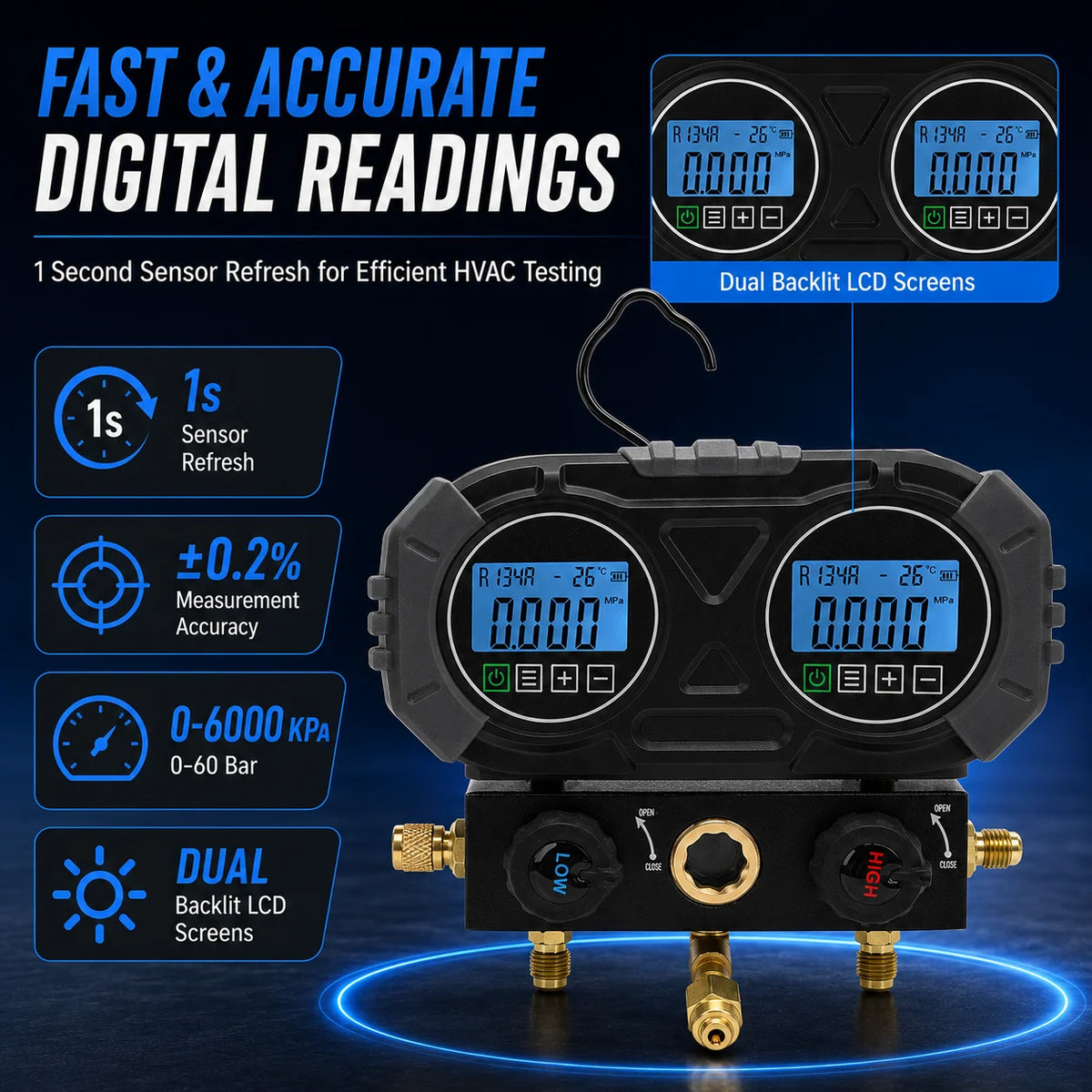 6000KPa Digital Refrigerant Manifold Gauge | HVAC AC Tester Digital Manifold Gauge QXL