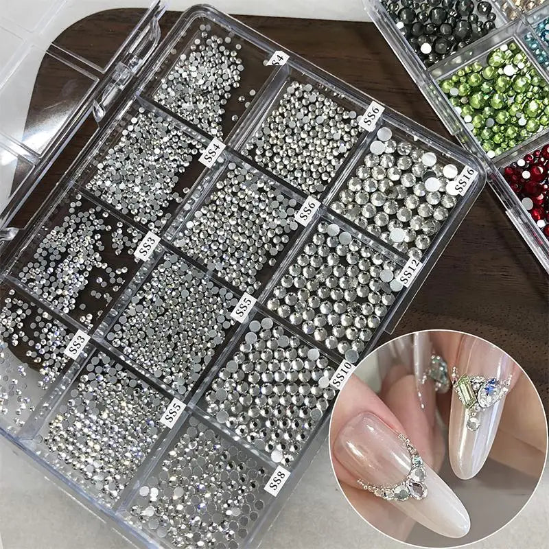 12-Grid Flat Back Rhinestone Nail Art Decoration Box Set Nail Art Rhinestones QXL