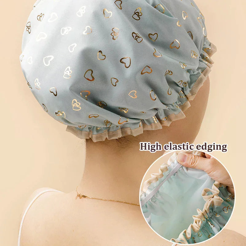 Double Layer Waterproof Shower Cap | PEVA Elastic Hair Cover Shower Cap QXL