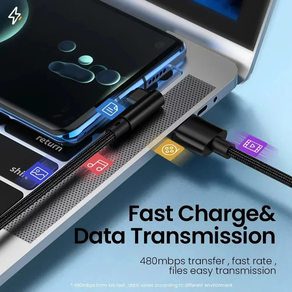 66W 6A 90° Elbow USB-C Fast Charging Cable | 5 Lengths USB-C Charging Cable QXL