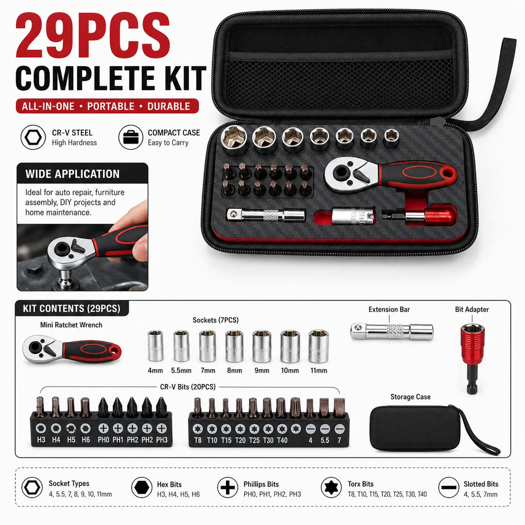 29-Pc Mini Ratchet Wrench & Socket Bit Set | 1/4" Drive Kit Ratchet Socket Set QXL