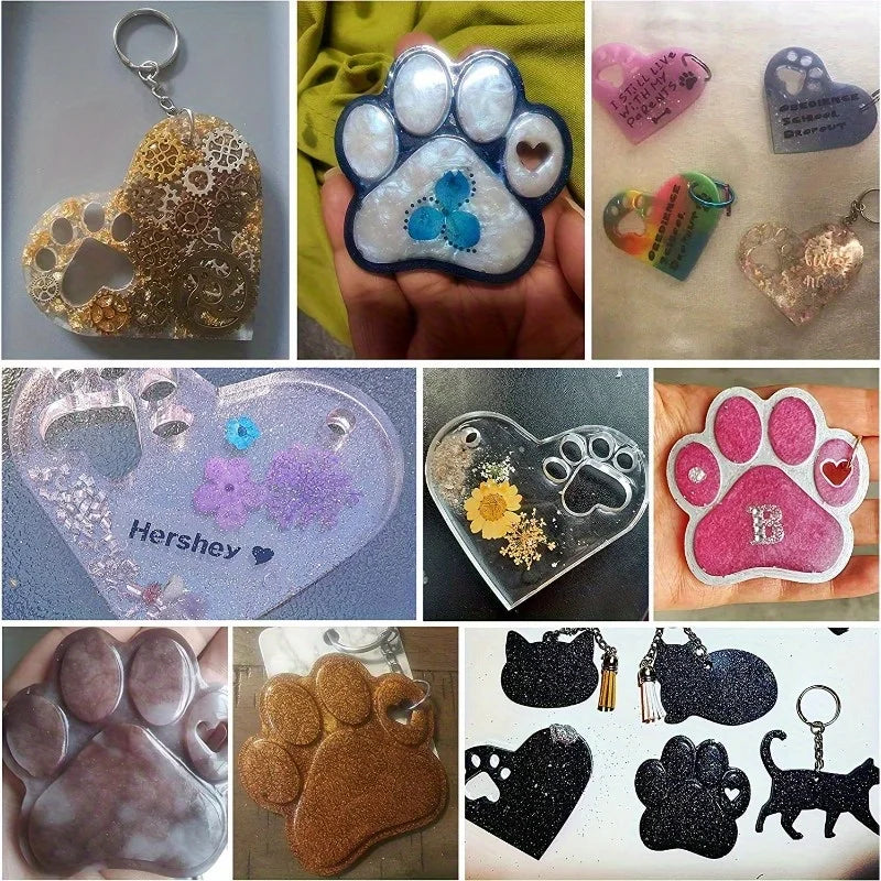 Dog Paw Heart Silicone Resin Molds + 10 Keyrings | DIY Tag Kit Silicone Resin Mold QXL