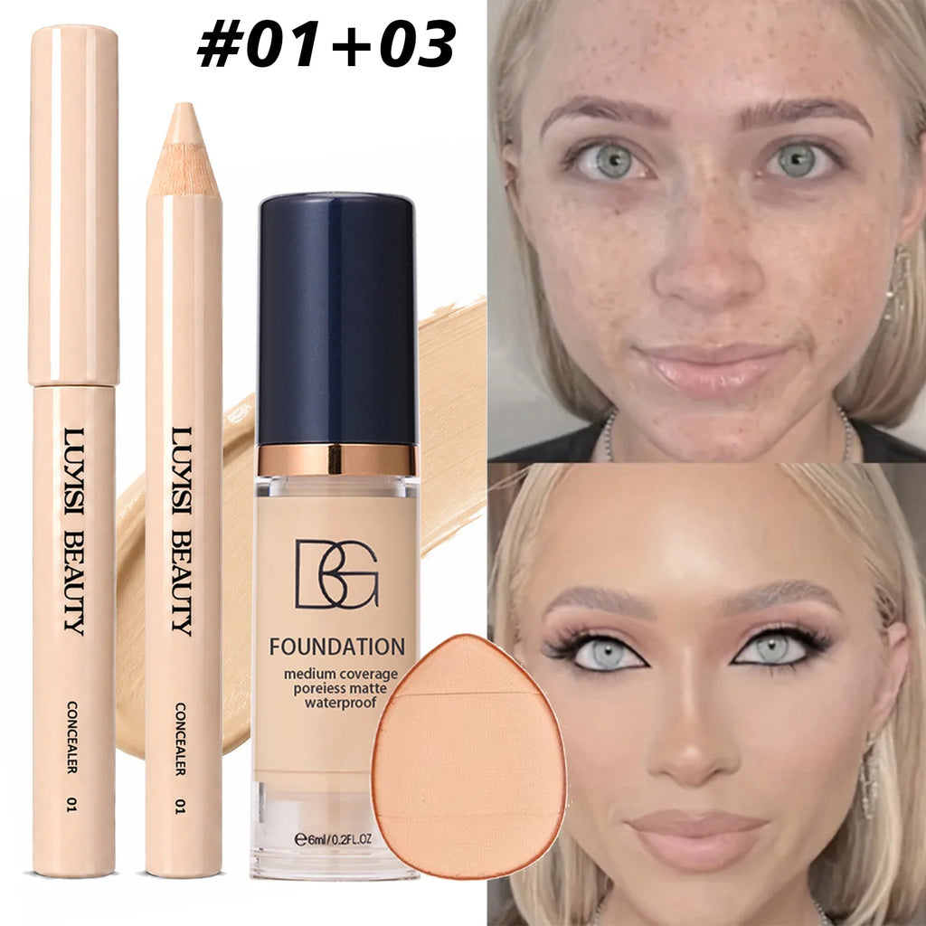 3-Piece Makeup Set: Concealer, Liquid Foundation & Puff Kit Foundation Makeup Set QXL Set 1 No Gift Box