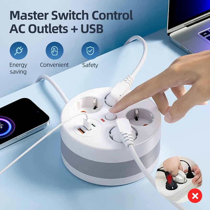 EU Power Strip 4 Outlets USB USB-C | 2.8m Retractable Cable EU Power Strip QXL