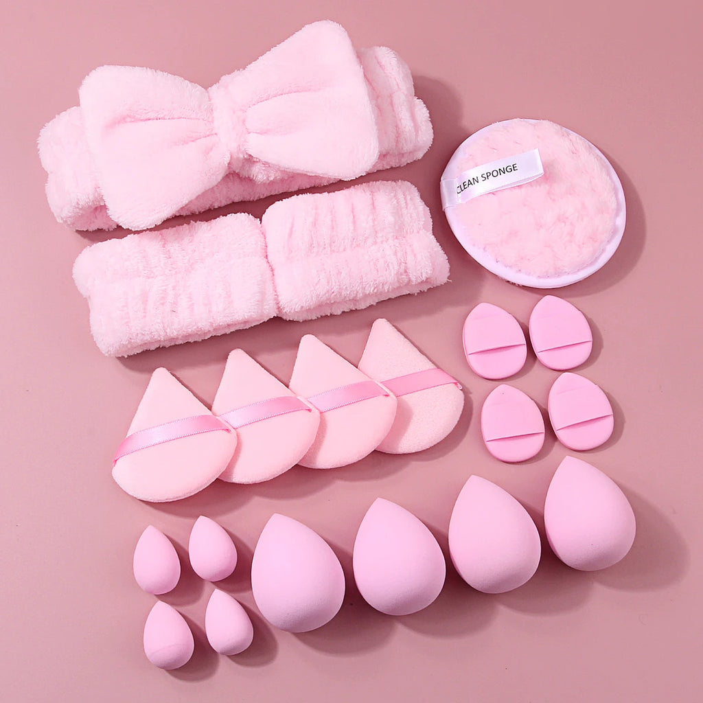 20-Pc Pink Makeup Sponge & Skincare Set | Puffs + Headband Makeup Sponge Set QXL