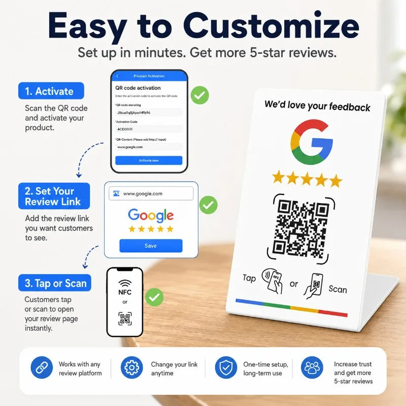 NFC Review Card Stand | NTAG215 Chip & Dynamic QR Code NFC Review Stand QXL