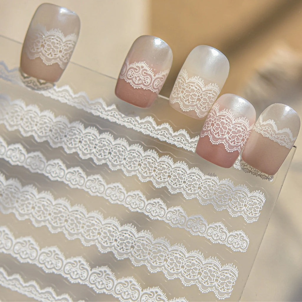 5D White Lace Nail Stickers | Vintage French Hollow Decals Nail Art Stickers QXL
