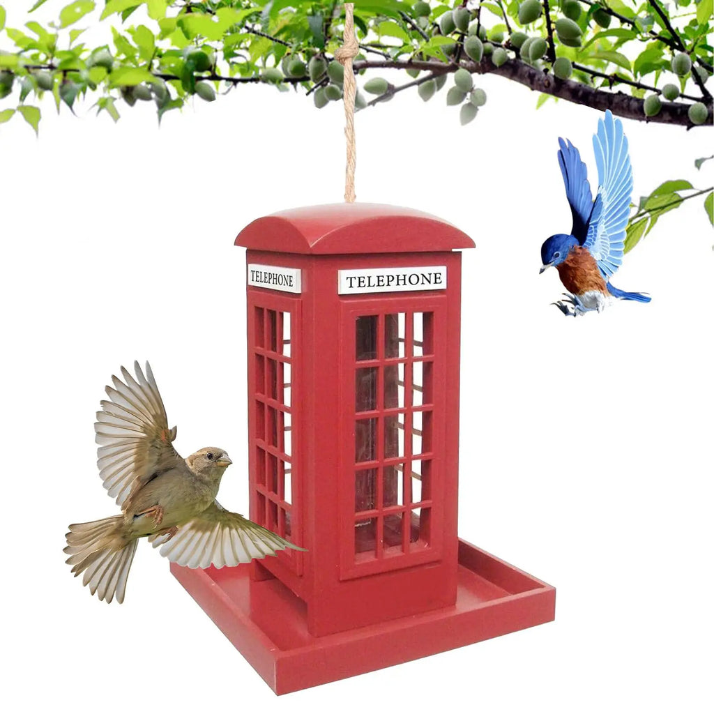 Red Telephone Box Wooden Bird Feeder | Hangable Garden Décor Decorative Bird Feeder QXL