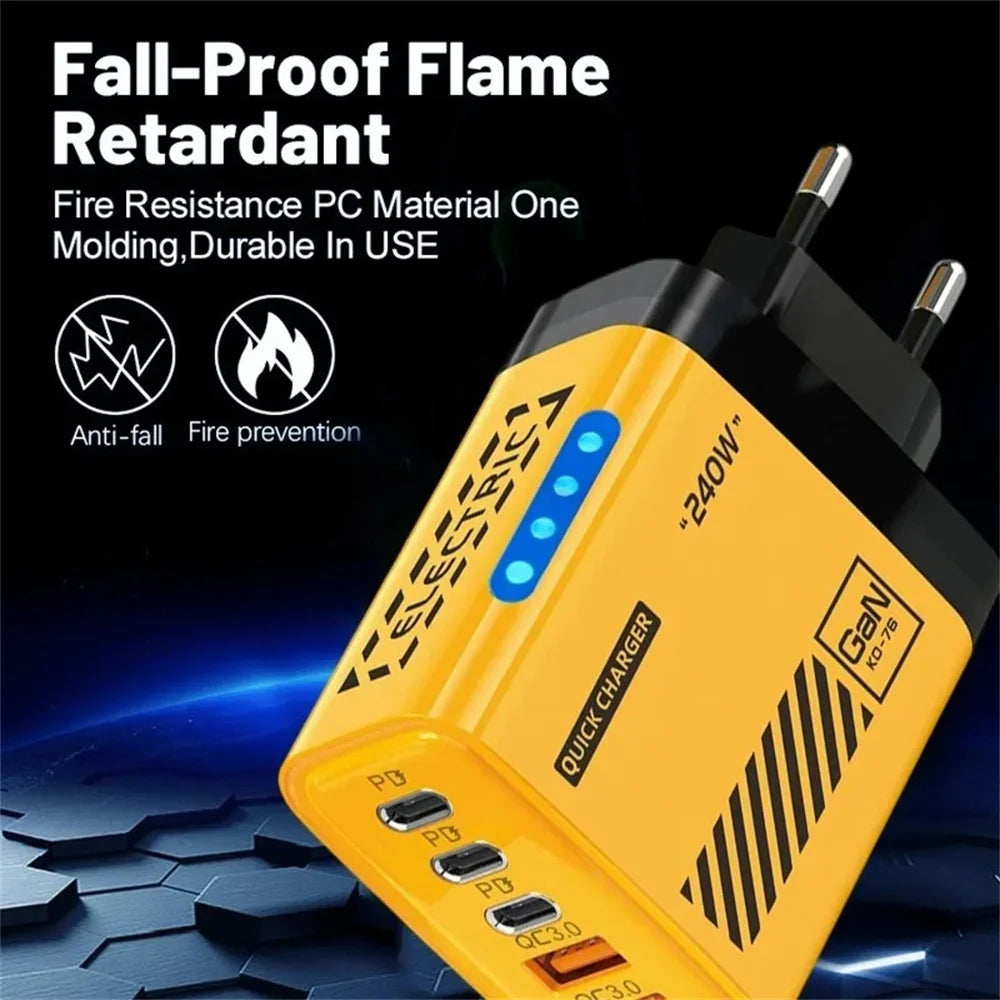 5-Port GaN USB-C 240W PD Fast Charger | Desktop Adapter GaN USB-C Charger QXL