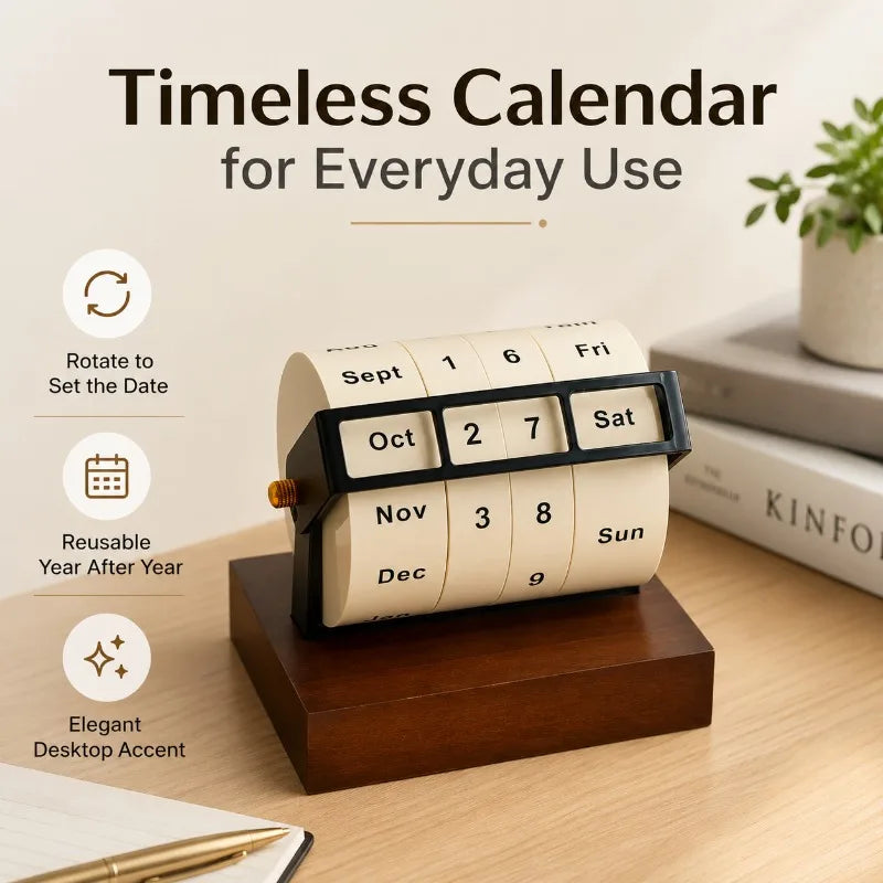 Wheel Perpetual Calendar | Manual Rotating Desk Calendar Wood Base Perpetual Desk Calendar QXL