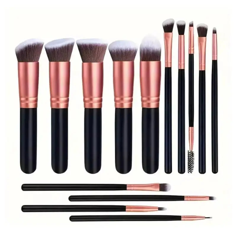 14-Piece Makeup Brush Set | Soft Synthetic Rose Gold Ferrule Makeup Brush Set QXL C