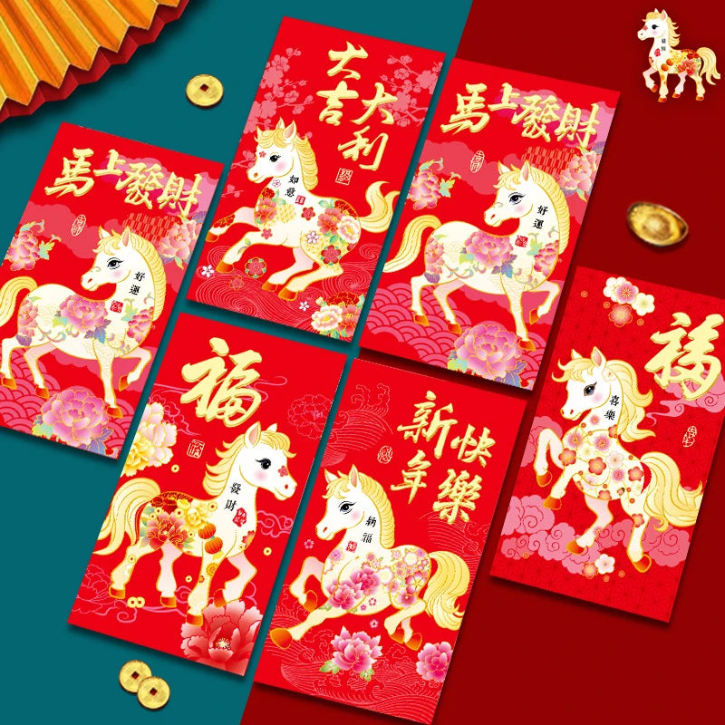 6-Pack 2026 Year of the Horse Lucky Red Envelopes | CNY Festive Gift Envelopes QXL