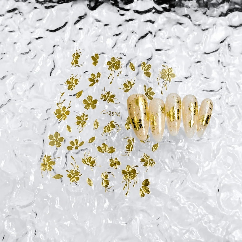 Gold Flower 3D Nail Stickers | Press-On Floral Nail Art Decals 3D Nail Stickers QXL Gold