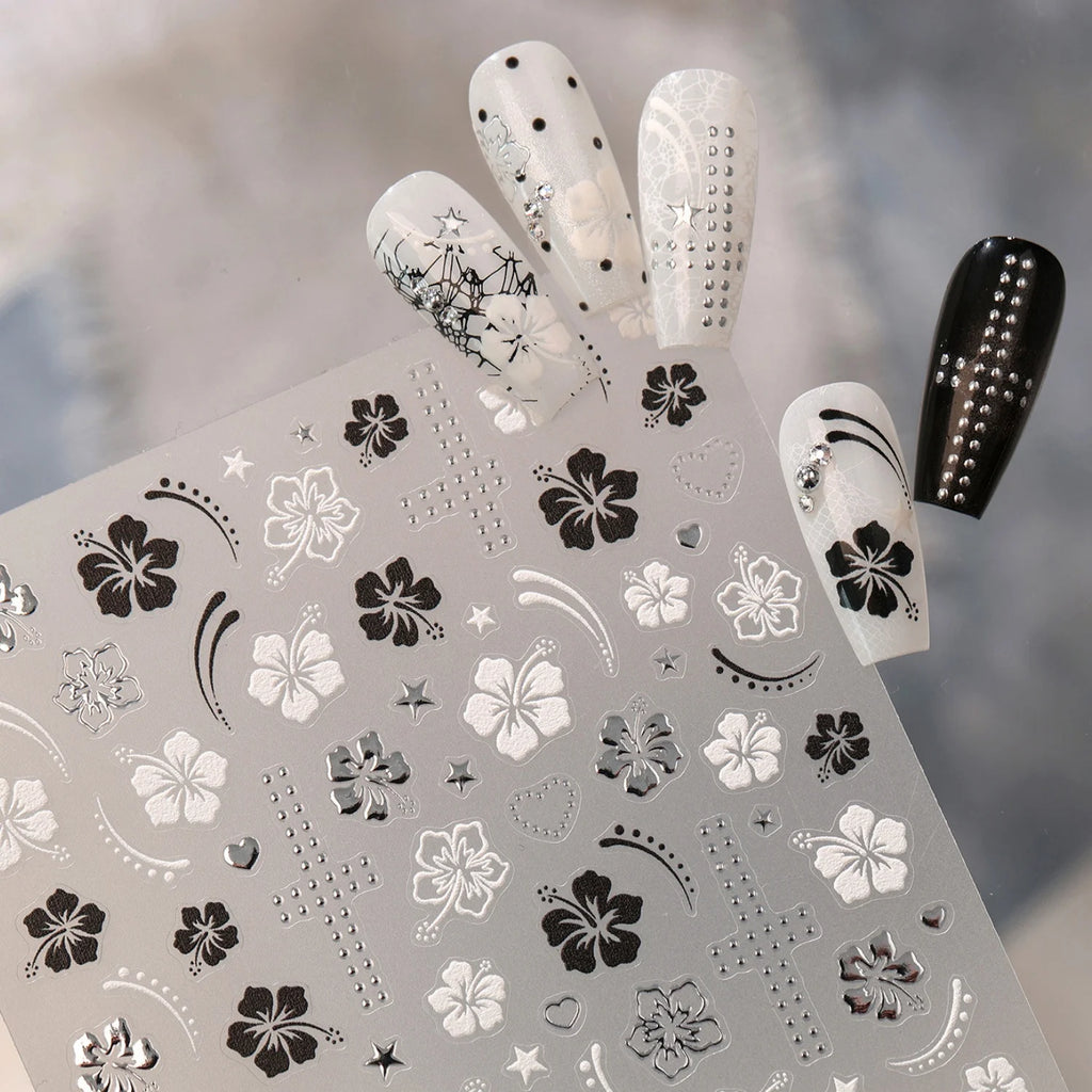 5D Floral Lace Nail Art Stickers | Hibiscus Crystal Decals Nail Art Stickers QXL